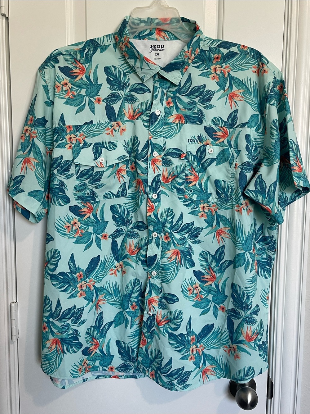 IZOD Saltwater Men's XXL Short Sleeve Tropical Floral Button Up Shirt Aqua Green